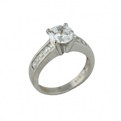 Sterling Silver Ring 8mm Round Clear Cubic Zirconia Ctr+Clear Cubic Zirconia Baguette Chann