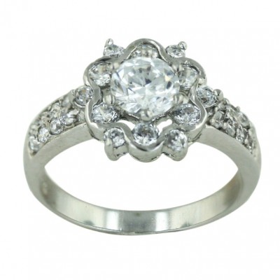 Sterling Silver Ring 6mm Round Flower Clear Cubic Zirconia