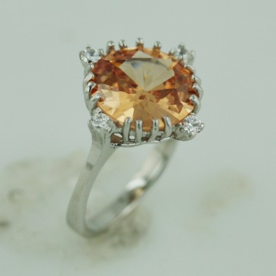 Sterling Silver Ring 14mm Round Champagne Cubic Zirconia Prongs Setting with 4Pcs Clear