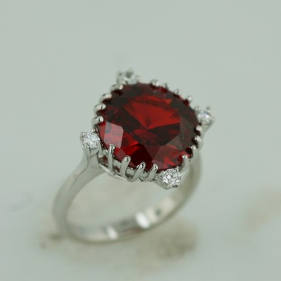 Sterling Silver Ring 14mm Round Garnet Cubic Zirconia Prongs Setting with 4Pcs Clear