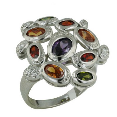Sterling Silver Ring Mix Ame,Garnet, Olivine,Champagne Cubic Zirconia Oval Join Bezel
