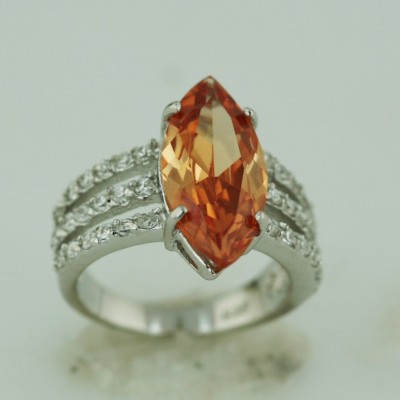 Sterling Silver Ring 19X9mm Marquis Champagne Cubic Zirconia with 3 Clear Cubic Zirconia Lines Bot