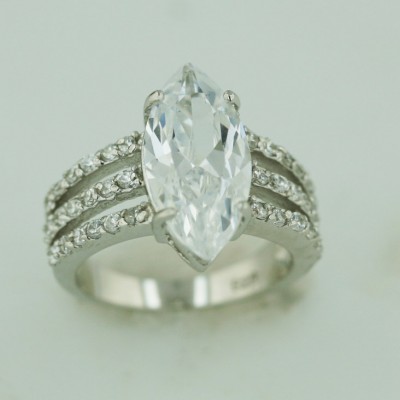 Sterling Silver Ring 19X9mm Marquis Clear Cubic Zirconia with 3 Clear Cubic Zirconia Lines Bo