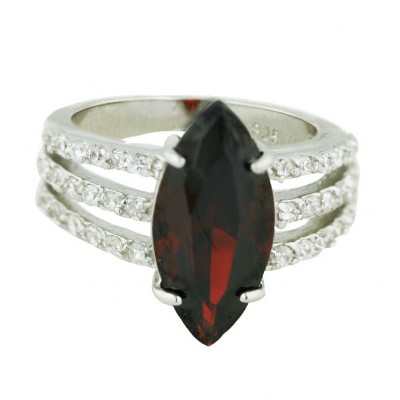 Sterling Silver Ring 19X9mm Marquis Garnet Cubic Zirconia with 3 Clear Cubic Zirconia Lines Bot