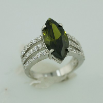 Sterling Silver Ring 19X9mm Marquis Olivine Cubic Zirconia with 3 Clear Cubic Zirconia Line