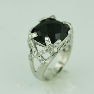 Sterling Silver Ring 16X15mm Chess Cut Rectangular Black Cubic Zirconia with Clear Cubic Zirconia Cr