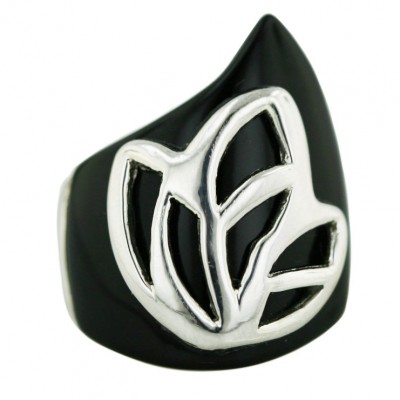 Sterling Silver Ring Onyx Irregular Shape Leaf Motif