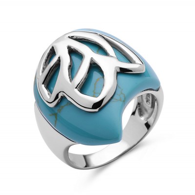 SS Ring Faux Tq Irregular Shape Leaf Motif