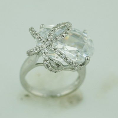 Sterling Silver Ring 20X15mm Oval Clear Cubic Zirconia Open Lines