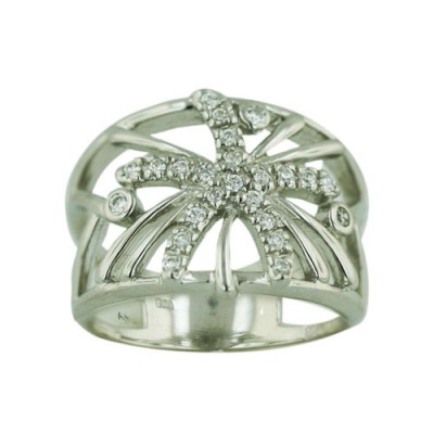 Sterling Silver Ring Clear Cubic Zirconia Starfish+4 Cubic Zirconia Bezel Open Lines