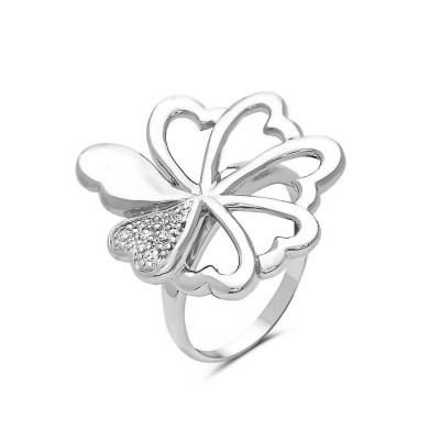 Sterling Silver Ring One Clear Cubic Zirconia Heart Clustered with 5 Plain Open H