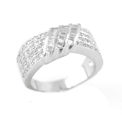 Sterling Silver Ring 4 Row Pave Cubic Zirconia with Clear Baguette Twisted Ctr