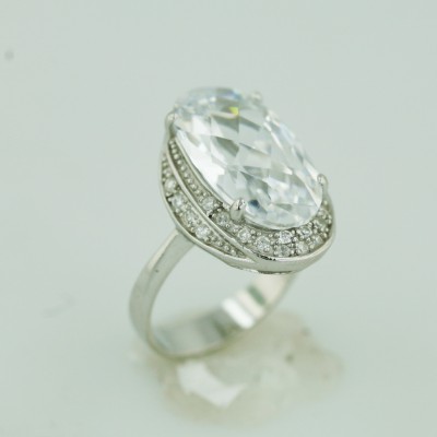 Sterling Silver Ring 12mm Oval Clear Cubic Zirconia with Pave Cubic Zirconia Around