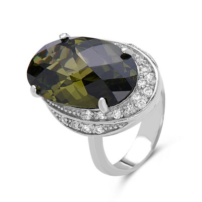 SS Ring 12Mm Oval Ov Cz W/Pave Cz Around