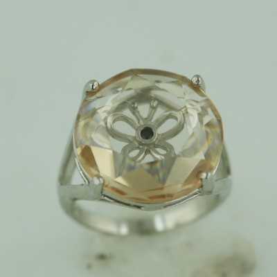 Sterling Silver Ring 18mm Round Champagne Cubic Zirconia with Open Black Cubic Zirconia Butterfly