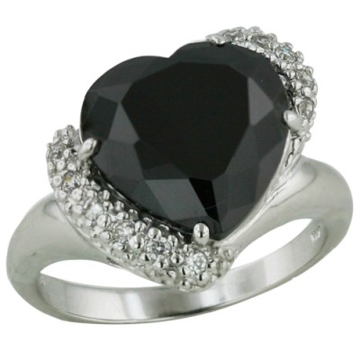 Sterling Silver Ring 12mm Black Facet Cut Heart with Pave Cubic Zirconia on each
