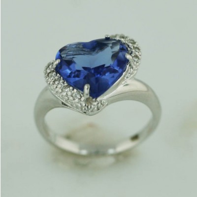 Sterling Silver Ring 12mm Tanzanite Glass Facet Cut Heart with Pav