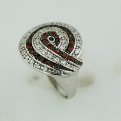 Sterling Silver Ring Clear Cubic Zirconia Round Folded Garnet+Clear Cubic Zirconia