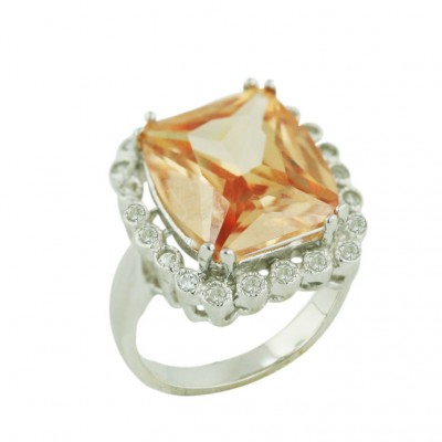 Sterling Silver Ring 14.5X13mm Rectangular Champagne Cubic Zirconia with Clear Cubic Zirconia Around