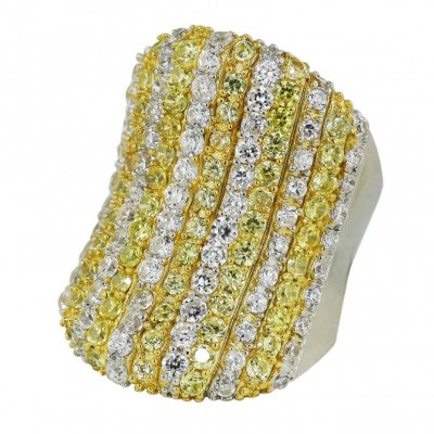 Sterling Silver Ring 12 Vertical Tri-Tone Gold Tone+Citrine+Clear Cubic Zirconia Li