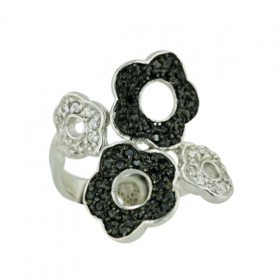 Sterling Silver Ring 4 Pave Black+Clear Cubic Zirconia Open Flower - 6