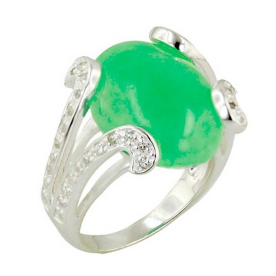 Sterling Silver Ring 20X15mm Oval Cabochon Green Jade with Clear Cubic Zirconia