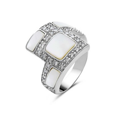 Sterling Silver Ring Square White Mother of Pearl with Clear Cubic Zirconia