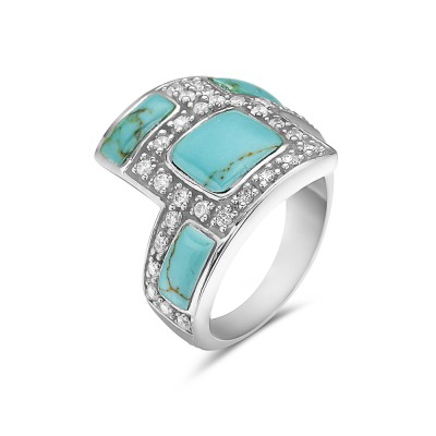 Sterling Silver Ring Square Turquoise with Clear Cubic Zirconia