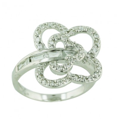 Sterling Silver Ring Clear Cubic Zirconia Open Butterfly with Clear Cubic Zirconia Baguette C