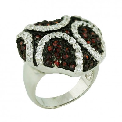 Sterling Silver Ring (W=24.5mm) Pave Garnet Cubic Zirconia (Black Plated) +Clear Cubic Zirconia '