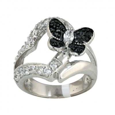 Sterling Silver Ring Plain+Clear Cubic Zirconia Forming Heart with Black Cubic Zirconia (Black P