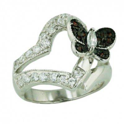Sterling Silver Ring Plain+Clear Cubic Zirconia Forming Heart with Garnet Cubic Zirconia (Black Pl