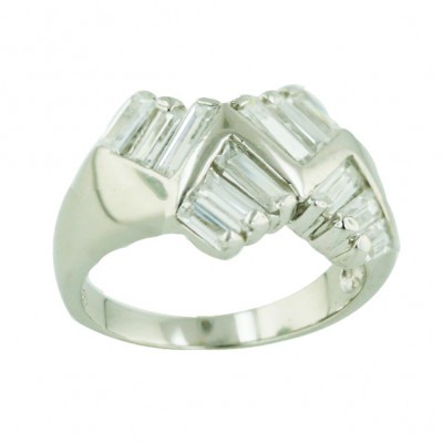 Sterling Silver Ring Zig-Zag with Clear Cubic Zirconia Baguette