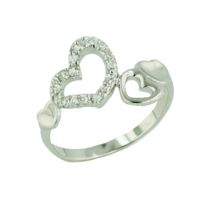 Sterling Silver Ring Plain+Open+Clear Cubic Zirconia Heart