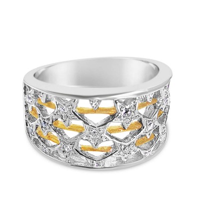 Sterling Silver Ring Multicolor Clear Cubic Zirconia Star+Gold Tone Lines