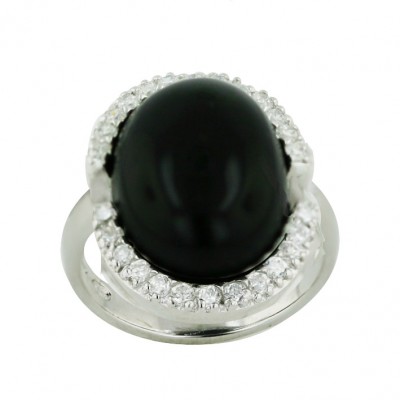 Sterling Silver Ring Oval Cabochon (Synthetic) Onyx with Clear Cubic Zirconia Up+