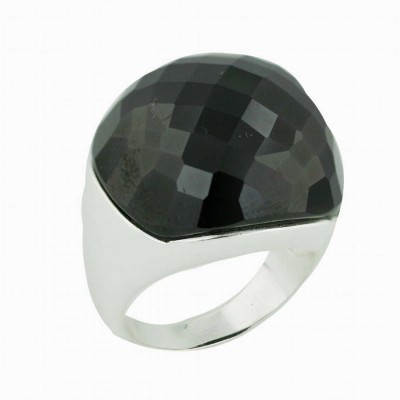 Sterling Silver Ring Black Cubic Zirconia Chess Cut Concave Dome--E-coated--