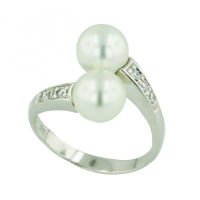 Sterling Silver Ring Oppositive White Faux Pearl with Clear Cubic Zirconia