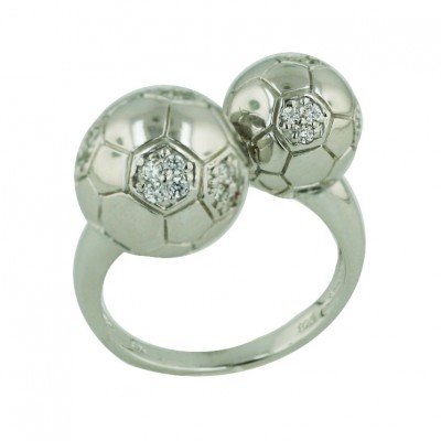 Sterling Silver Ring 12+10mm Plain+Clear Cubic Zirconia+Open Soccer Ball