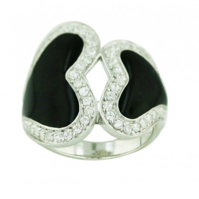 Sterling Silver Ring Oppositive Black Enamel+Clear Cubic Zirconia Heart