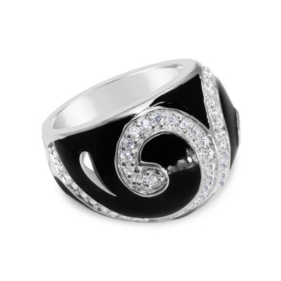 Sterling Silver Ring Black Enamel+Clear Cubic Zirconia Scroll Lines