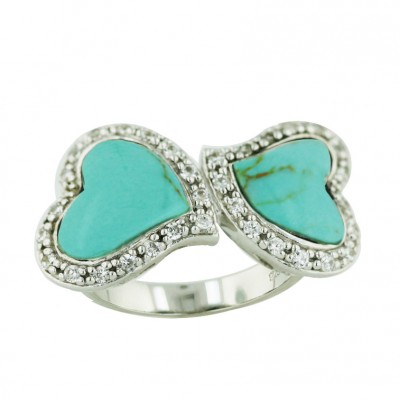 Sterling Silver Ring Oppositive Turquoise Heart with Clear Cubic Zirconia