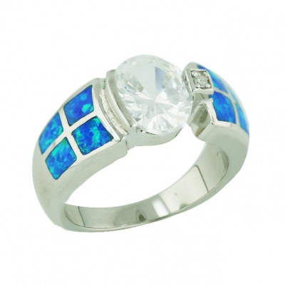 Sterling Silver Ring 10X7mm Oval Clear Cubic Zirconia+Blue Opal (K-5) both Sid
