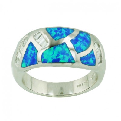 Sterling Silver Ring Blue Opal (K-5) +Clear Cubic Zirconia Baguette