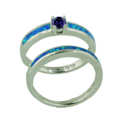 Sterling Silver Ring (2Pcs Sets) 7mm Ame Cubic Zirconia +Blue Opal (K-5)