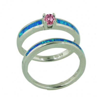 Sterling Silver Ring (2Pcs Sets) 7mm Pink Cubic Zirconia +Blue Opal (K-5)