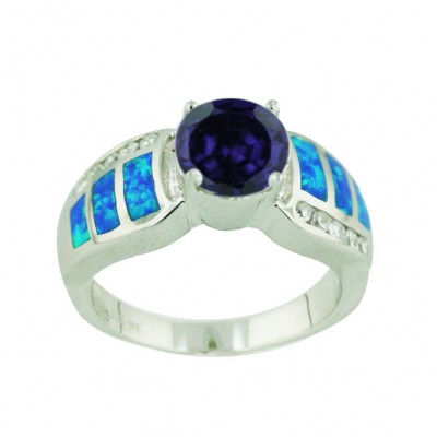Sterling Silver Ring 8mm Round Ame Cubic Zirconia+Blue Opal (K-5) both Side