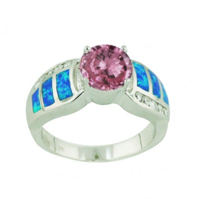 Sterling Silver Ring 8mm Round Pink Cubic Zirconia+Blue Opal (K-5) both Side