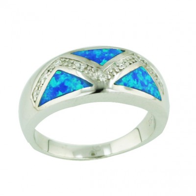 Sterling Silver Ring Blue Opal (K-5) +Clear Cubic Zirconia Zig-Zag Lines