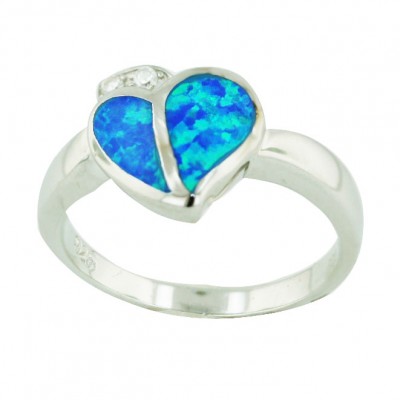 Sterling Silver Ring Blue Opal (K-5) Heart with Clear Cubic Zirconia Top